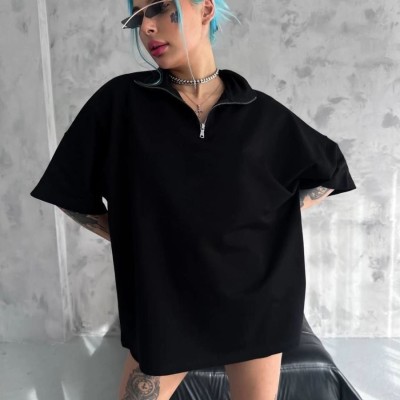 Kadın Yarım Fermuarlı Tişört Kısa kol T-Shirt - Siyah